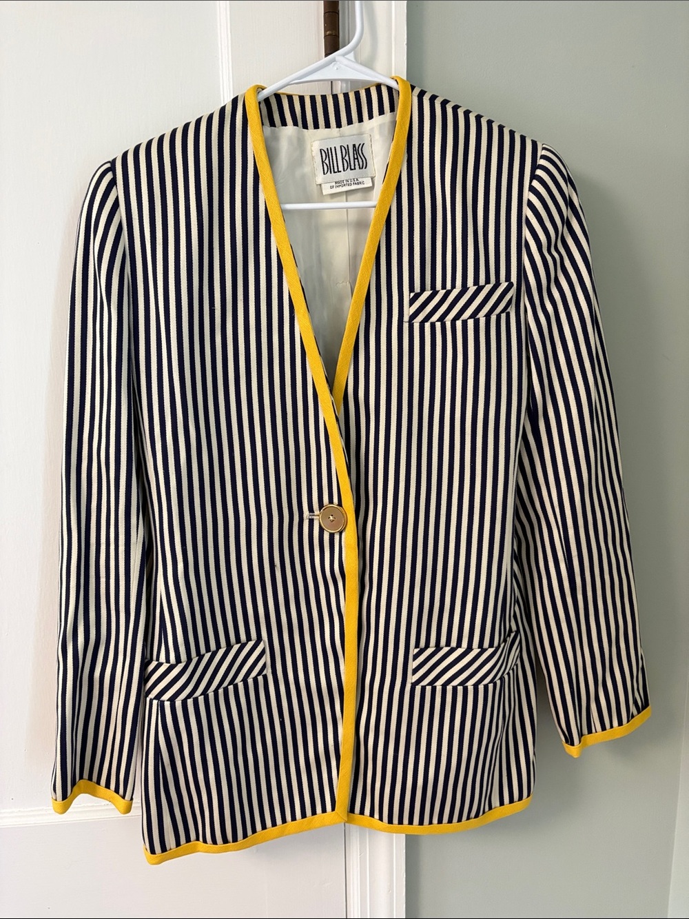 Vintage‎ bill blass Navy and White Striped Blazer with Yellow Trim Size 10